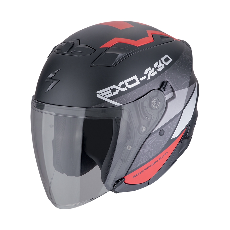 Otevřená helma na motorku SCORPION EXO-230 BAND matná černo-červeno-stříbrná výprodej