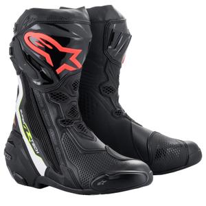 Alpinestars Supertech R Melni-balti-fluo sarkani-fluo dzelteni motociklu zābaki
