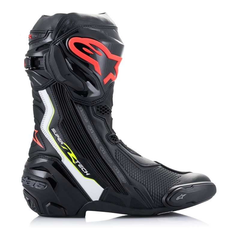 Alpinestars Supertech R Melni-balti-fluo sarkani-fluo dzelteni motociklu zābaki
