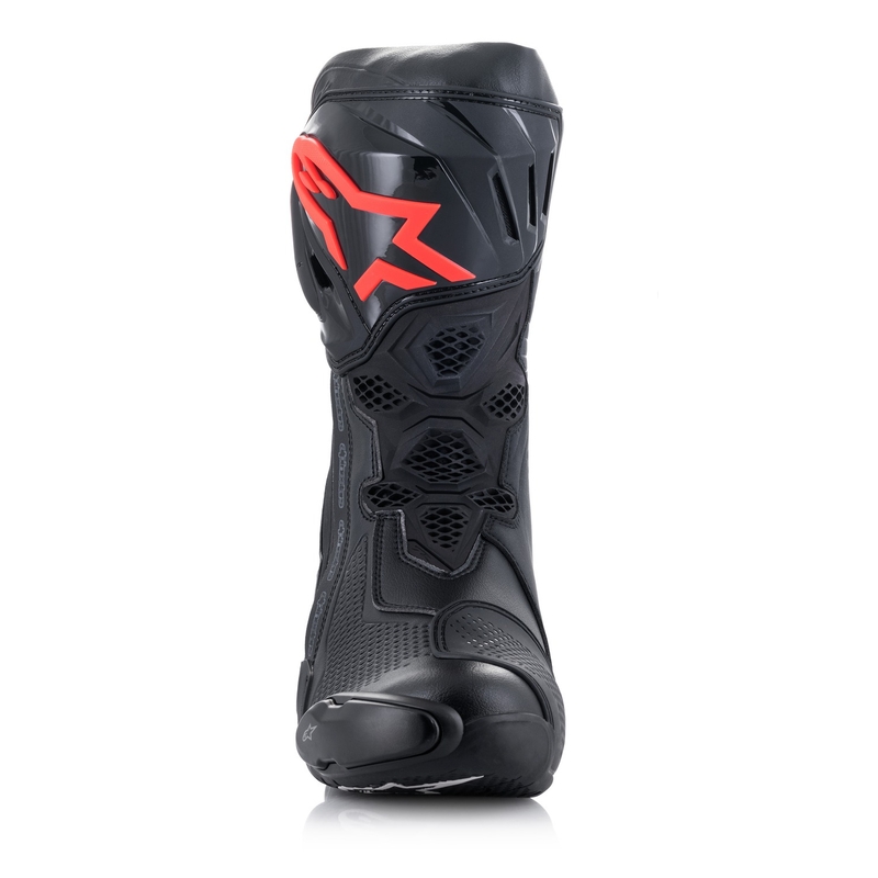 Alpinestars Supertech R Melni-balti-fluo sarkani-fluo dzelteni motociklu zābaki