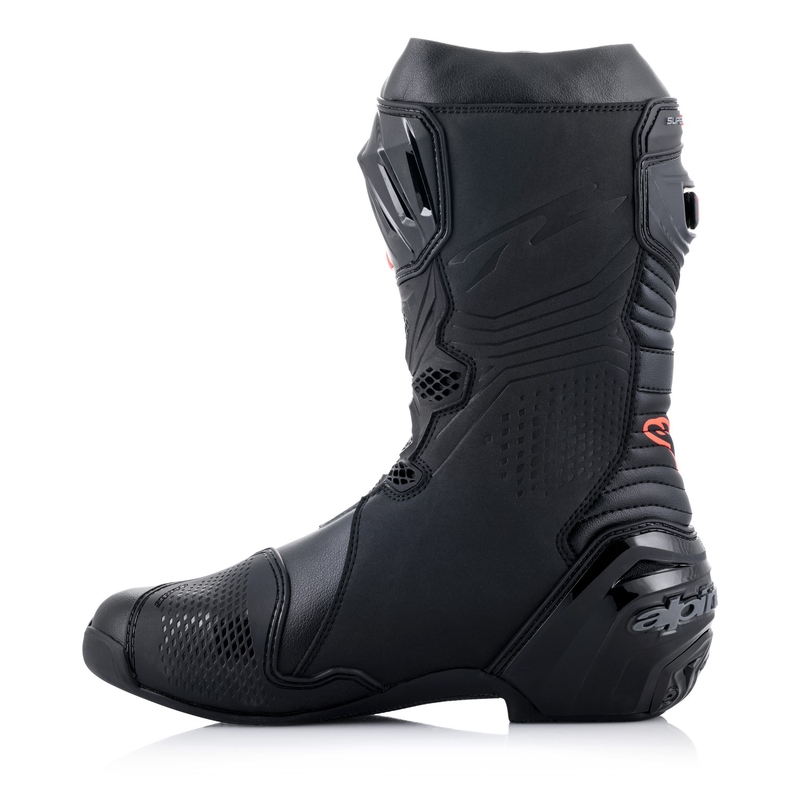 Alpinestars Supertech R Melni-balti-fluo sarkani-fluo dzelteni motociklu zābaki