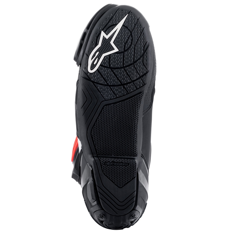 Alpinestars Supertech R Melni-balti-fluo sarkani-fluo dzelteni motociklu zābaki