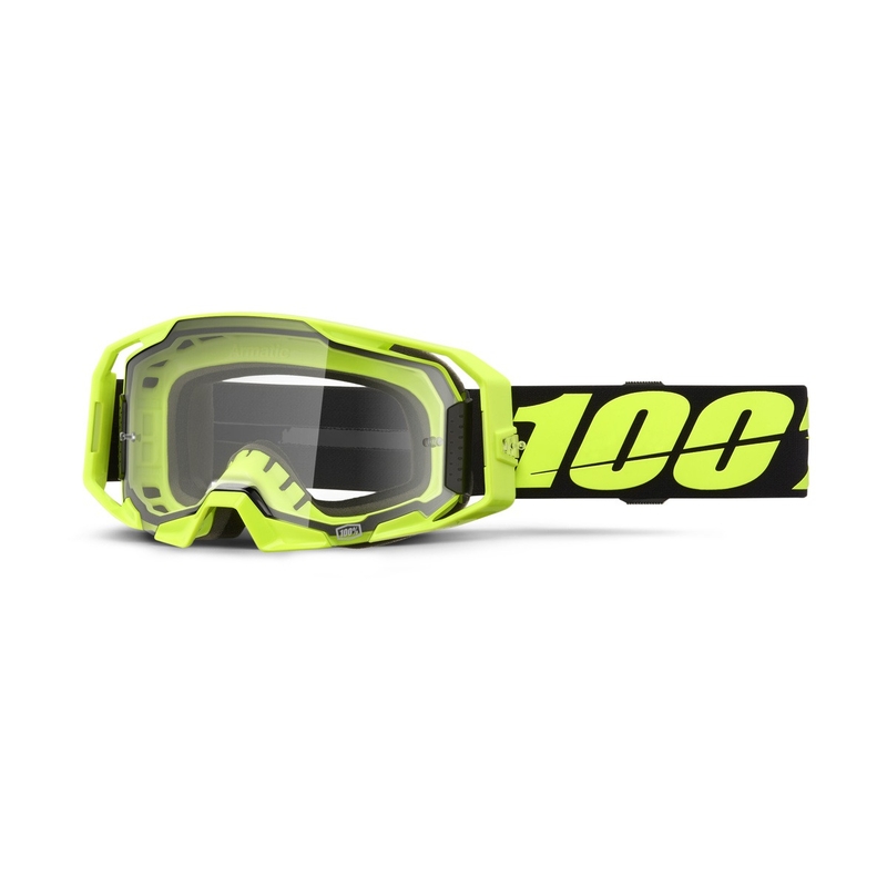 Motokrosa brilles 100% ARmatic neona dzeltenas ar caurspīdīgu pleksi