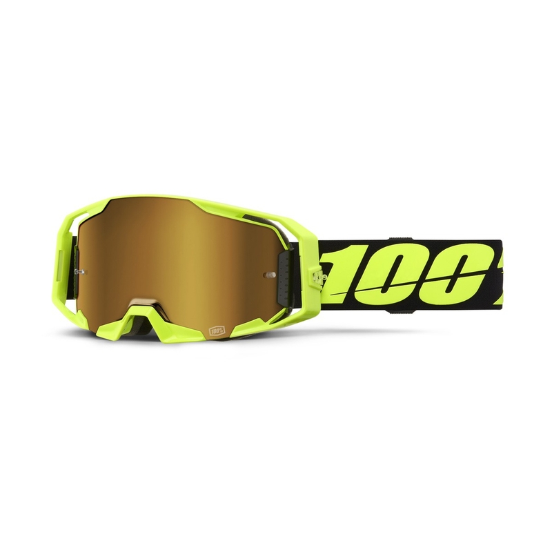 Motokrosa brilles 100% ARmatic neona dzeltenā krāsā ar zelta krāsas pleksi