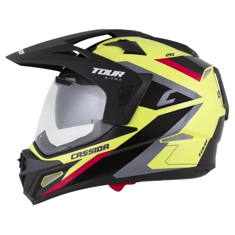 Enduro ķivere Cassida Tour 2.0 X-tra fluo dzeltena- melna- melna- sarkana-pelēka ar melnu matētu vizieri