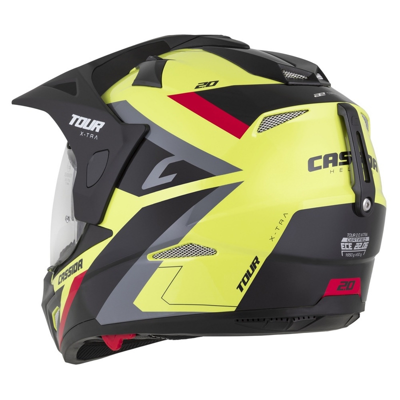 Enduro ķivere Cassida Tour 2.0 X-tra fluo dzeltena- melna- melna- sarkana-pelēka ar melnu matētu vizieri