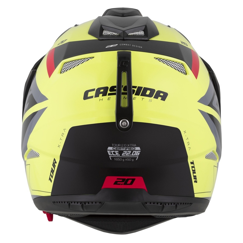 Enduro ķivere Cassida Tour 2.0 X-tra fluo dzeltena- melna- melna- sarkana-pelēka ar melnu matētu vizieri