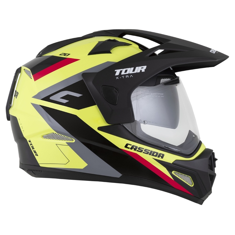 Enduro ķivere Cassida Tour 2.0 X-tra fluo dzeltena- melna- melna- sarkana-pelēka ar melnu matētu vizieri