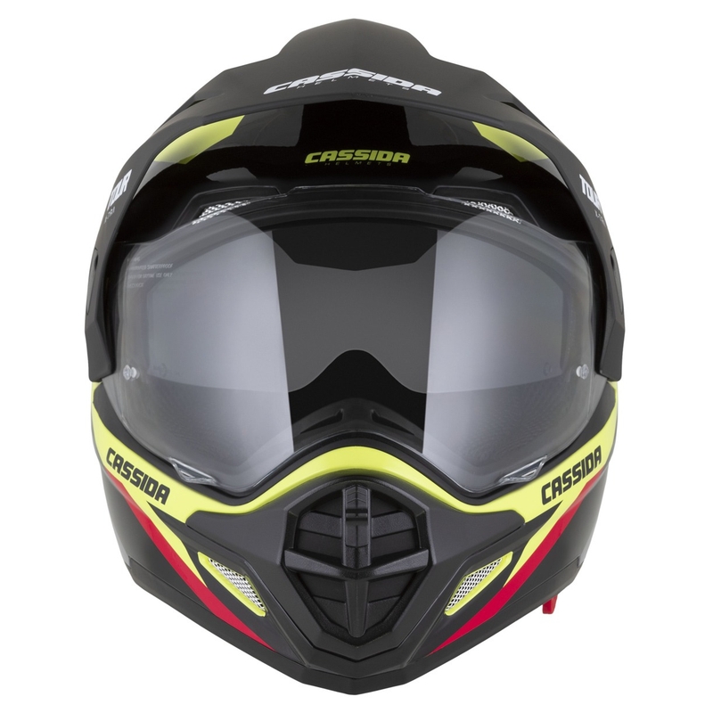 Enduro ķivere Cassida Tour 2.0 X-tra fluo dzeltena- melna- melna- sarkana-pelēka ar melnu matētu vizieri