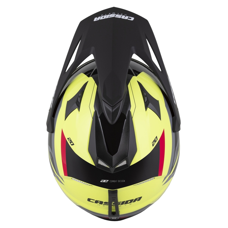 Enduro ķivere Cassida Tour 2.0 X-tra fluo dzeltena- melna- melna- sarkana-pelēka ar melnu matētu vizieri