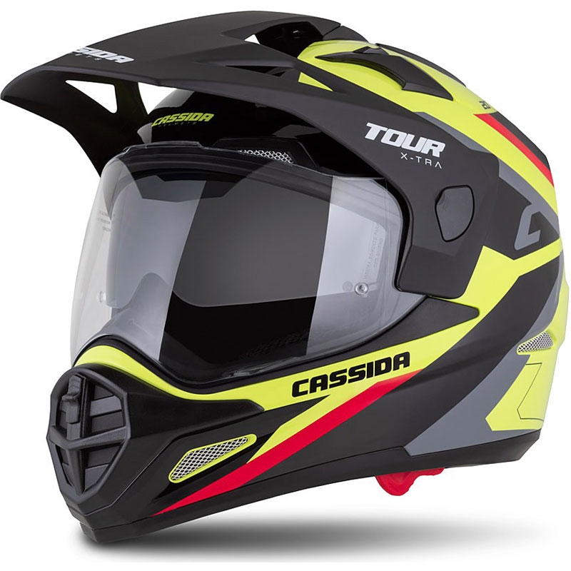 Enduro ķivere Cassida Tour 2.0 X-tra fluo dzeltena- melna- melna- sarkana-pelēka ar melnu matētu vizieri