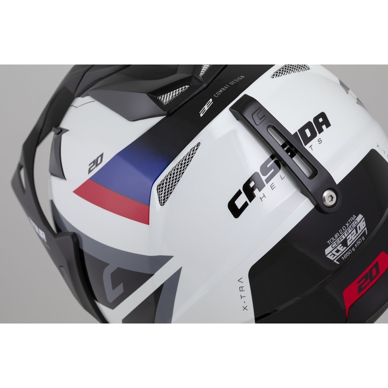 Enduro ķivere Cassida Tour 2.0 X-tra balta-zilā-arkanā-melnā ar melnu matētu vizieri