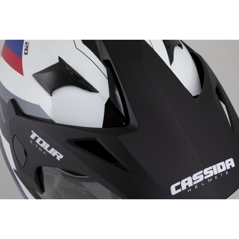 Enduro ķivere Cassida Tour 2.0 X-tra balta-zilā-arkanā-melnā ar melnu matētu vizieri