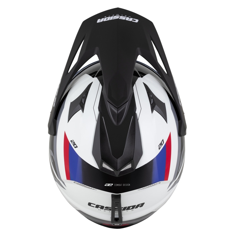 Enduro ķivere Cassida Tour 2.0 X-tra balta-zilā-arkanā-melnā ar melnu matētu vizieri