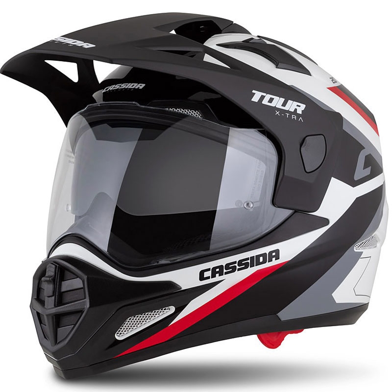 Enduro ķivere Cassida Tour 2.0 X-tra balti sarkani melna ar melnu matētu vizieri