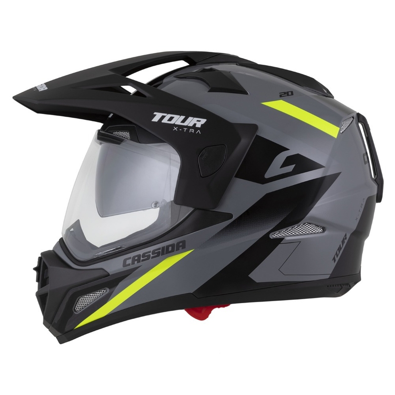 Enduro ķivere Cassida Tour 2.0 X-tra pelēka-fluo dzelteni melna ar melnu matētu vizieri