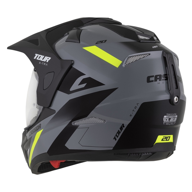 Enduro ķivere Cassida Tour 2.0 X-tra pelēka-fluo dzelteni melna ar melnu matētu vizieri