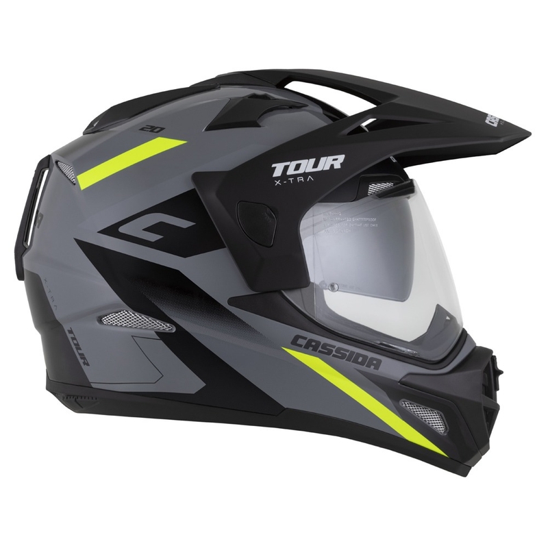 Enduro ķivere Cassida Tour 2.0 X-tra pelēka-fluo dzelteni melna ar melnu matētu vizieri