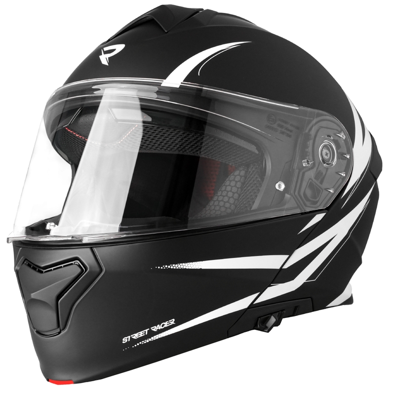 Flip-up motociklu ķivere Street Racer Fury matēta melnā un baltā krāsā