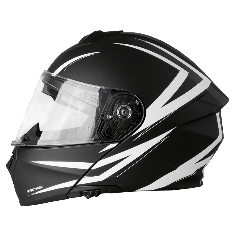 Flip-up motociklu ķivere Street Racer Fury matēta melnā un baltā krāsā