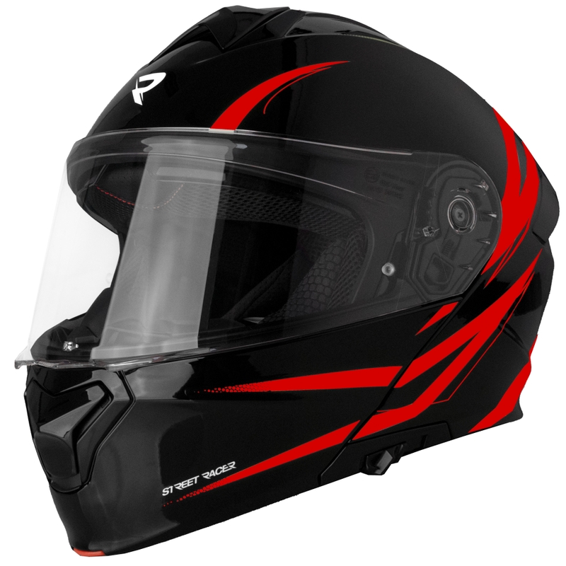 Street Racer Fury melnā un sarkanā flip-up motocikla ķivere