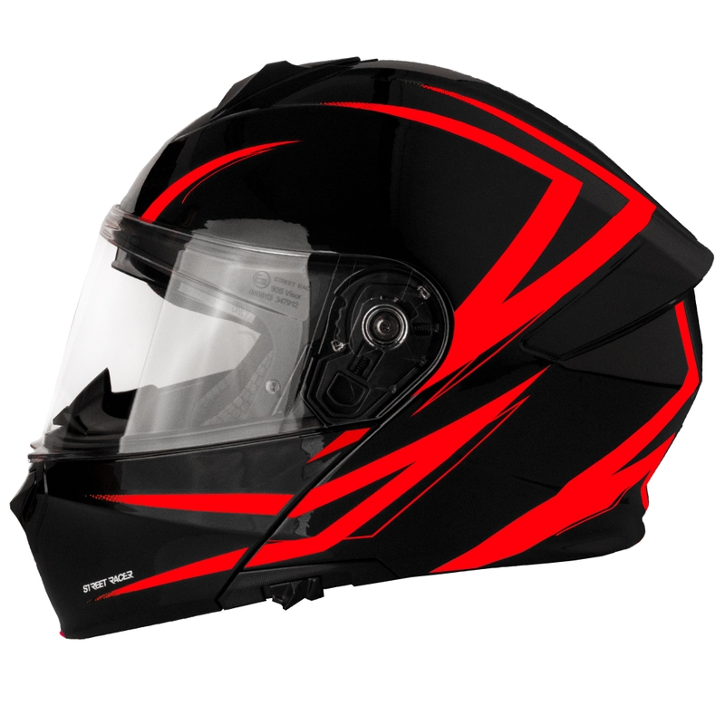 Street Racer Fury melnā un sarkanā flip-up motocikla ķivere