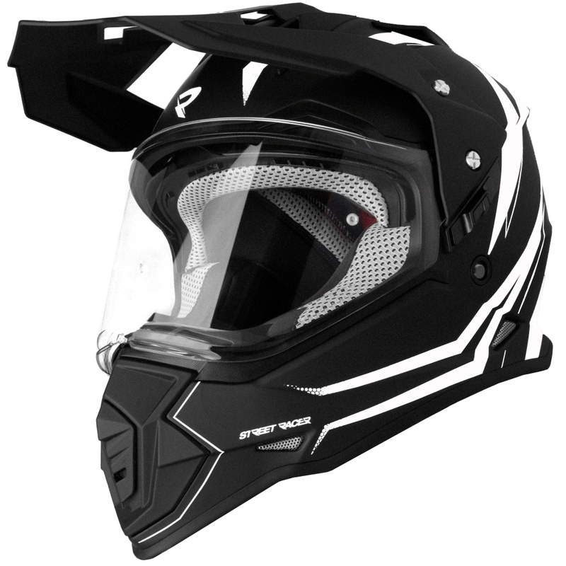 Enduro motocikla ķivere Street Racer Ignite matēta melnā un baltā krāsā