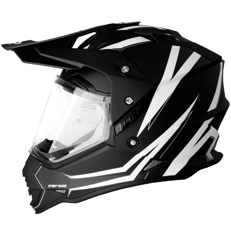 Enduro motocikla ķivere Street Racer Ignite matēta melnā un baltā krāsā