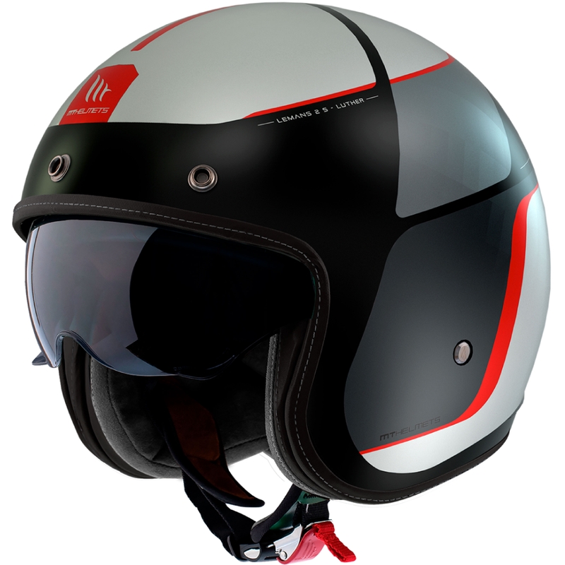 Atvērtā motocikla ķivere MT Le Mans 2 SV Luther B15 matēta melna-pelēka-balta-sarkana