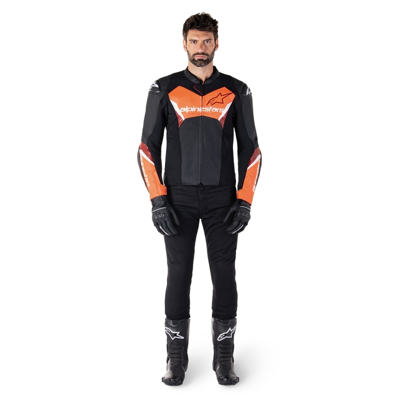 Alpinestars Faster 3 melna-fluo sarkana ādas motocikla jaka