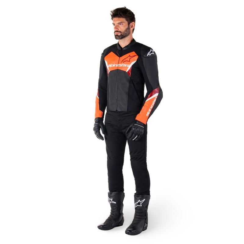Alpinestars Faster 3 melna-fluo sarkana ādas motocikla jaka