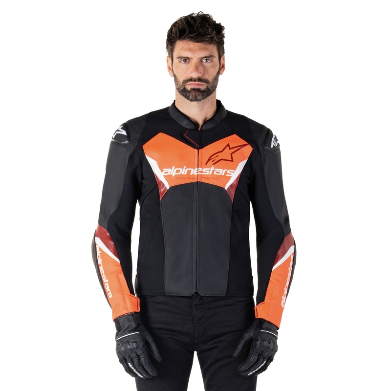 Alpinestars Faster 3 melna-fluo sarkana ādas motocikla jaka