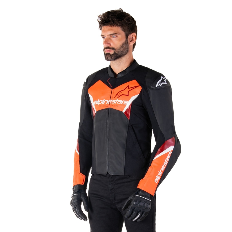 Alpinestars Faster 3 melna-fluo sarkana ādas motocikla jaka