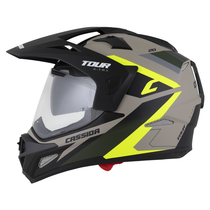 Enduro ķivere Cassida Tour 2.0 X-tra matēta smilšu-fluo dzeltenā-zaļā-melnā krāsā