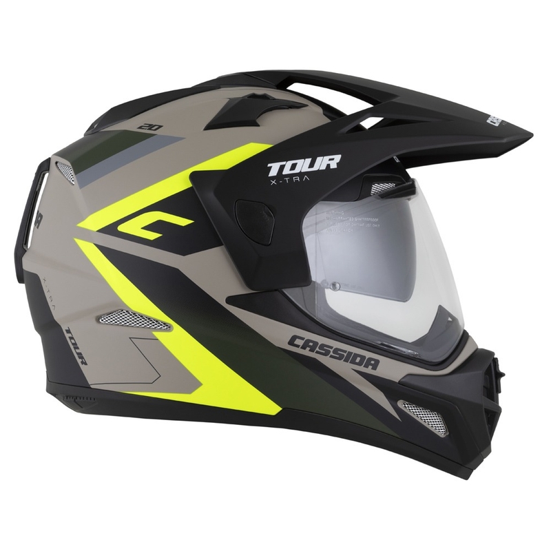 Enduro ķivere Cassida Tour 2.0 X-tra matēta smilšu-fluo dzeltenā-zaļā-melnā krāsā