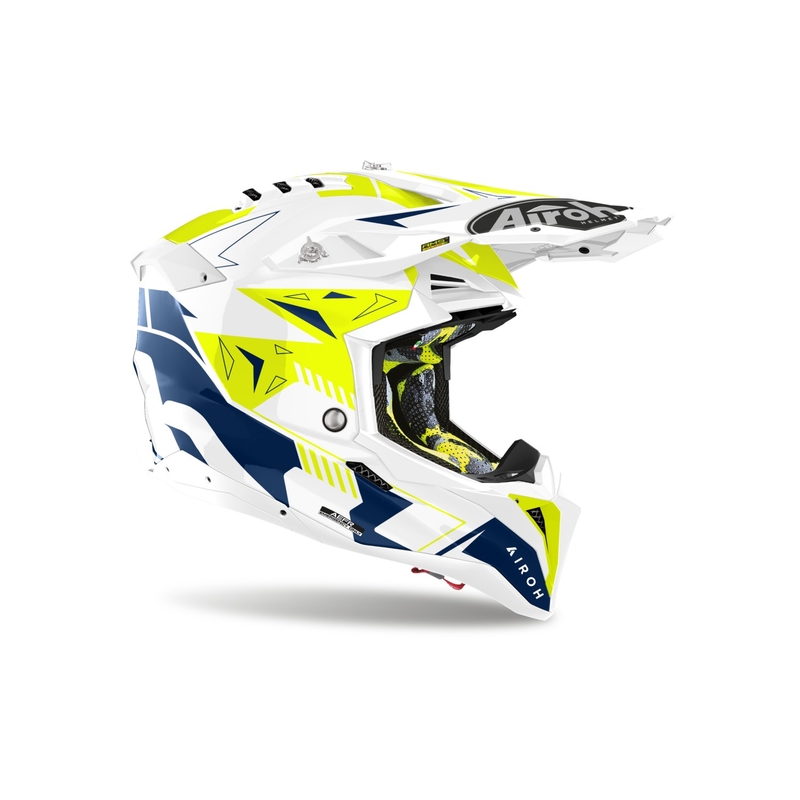 Motokrosa ķivere Airoh Aviator 3 Spin dzelteni-zilā krāsā