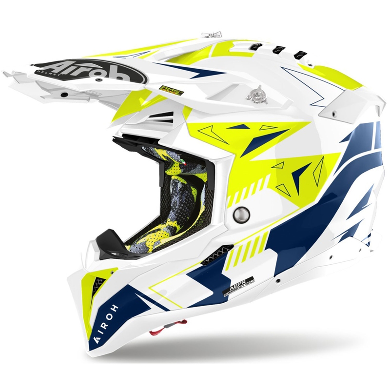 Motokrosa ķivere Airoh Aviator 3 Spin dzelteni-zilā krāsā