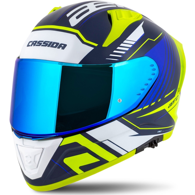 Cassida Aero Drome zilā-fluo dzeltenā-skaidri zilā-baltā integrālā motocikla ķivere