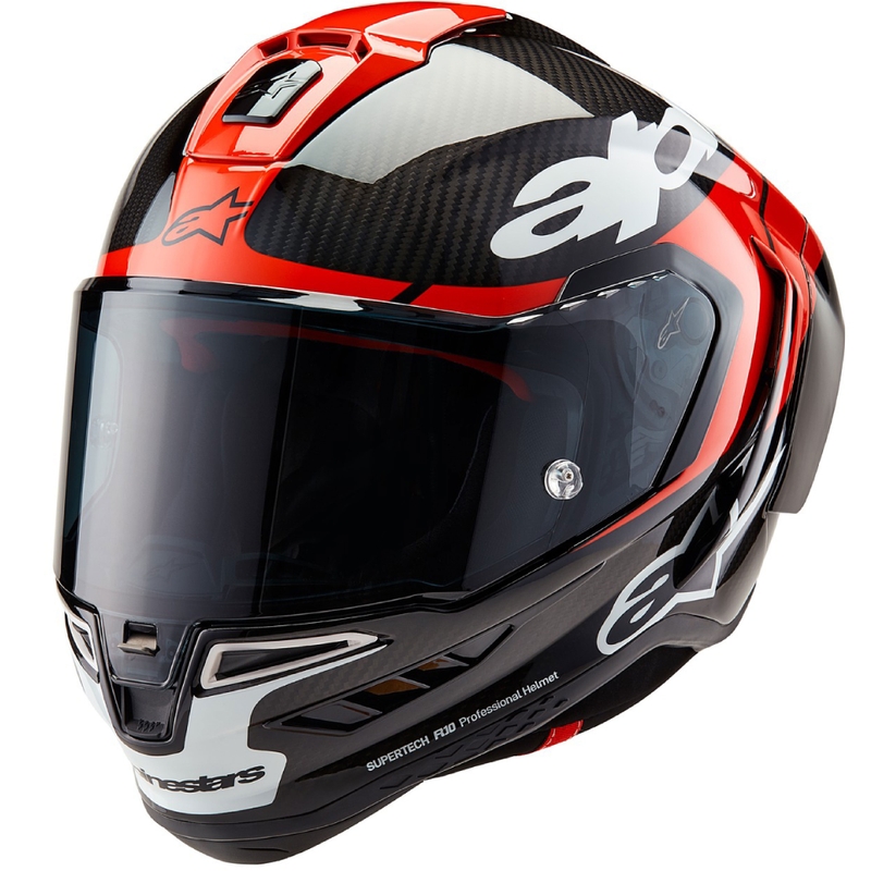 Alpinestars Supertech R-10 Element oglekļa šķiedras pilna izmēra motocikla ķivere, sarkana-balta