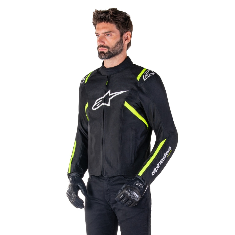 Alpinestars T-SPS 2 ūdensnecaurlaidīga melna, balta un fluo dzeltena motocikla jaka