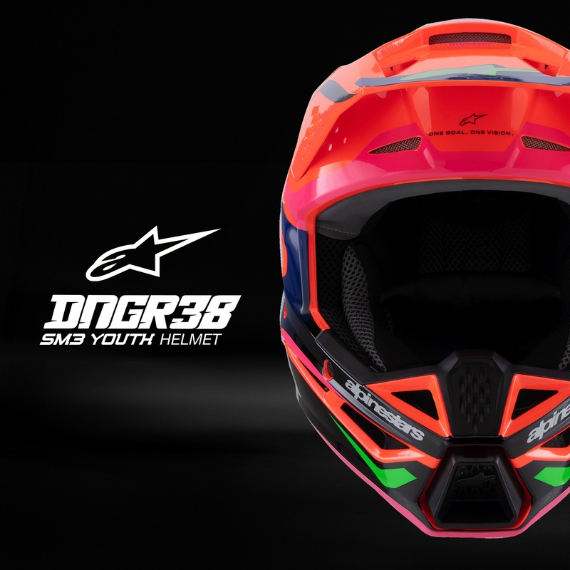 Bērnu motokrosa ķivere Alpinestars S-M3 HAIDEN DEEGAN fluo oranži-violeti-rozā-zaļa