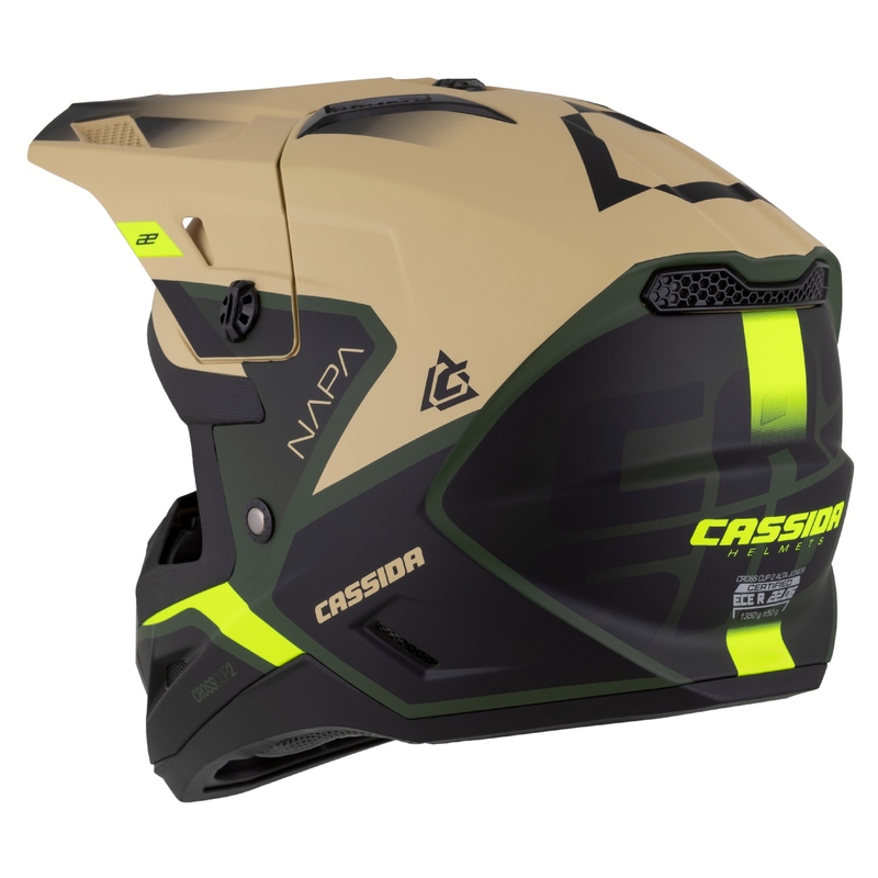Bērnu motokrosa motociklu ķivere Cassida Cross Cup 2 Napa matēta smilšu-zaļa-fluo dzeltena-melna