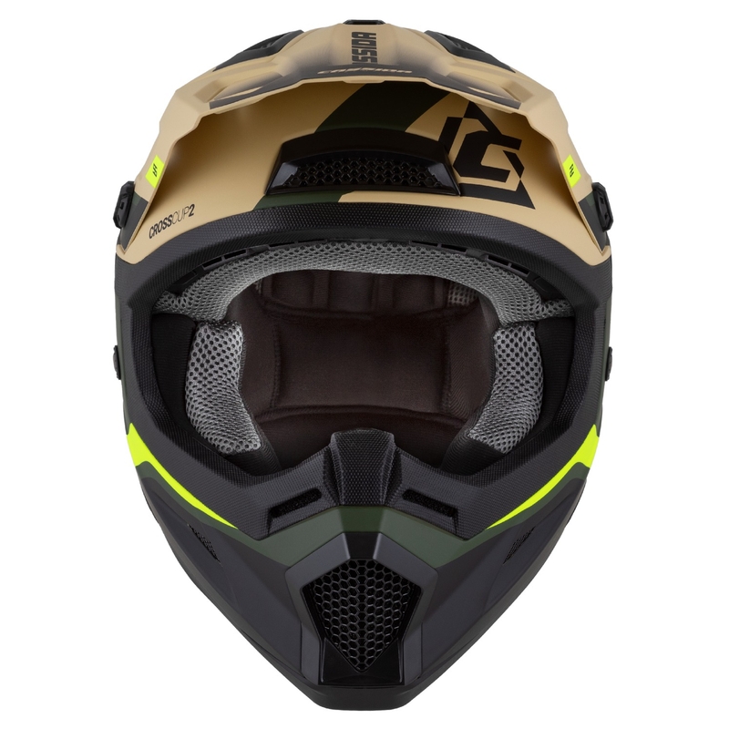 Bērnu motokrosa motociklu ķivere Cassida Cross Cup 2 Napa matēta smilšu-zaļa-fluo dzeltena-melna