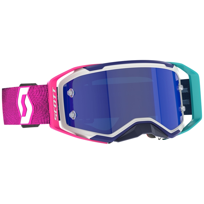 Motokrosa brilles SCOTT Prospect 2.0 AMP zilas un rozā krāsas ar zilu spoguļstikla pleksi stiklu