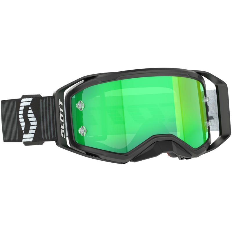 Motokrosa brilles SCOTT Prospect 2.0 melnas un baltas ar zaļu spoguļstikla lēcām