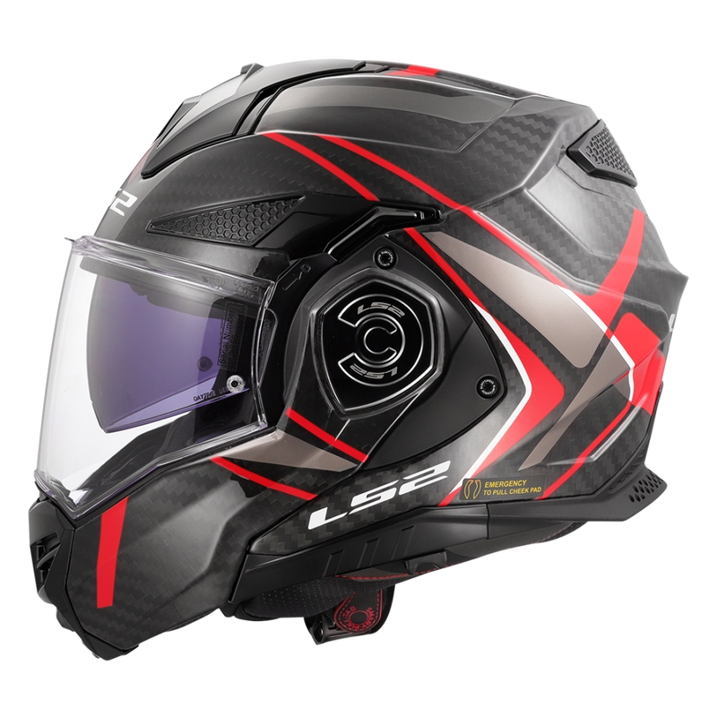 LS2 FF901 Advant X C Future II melnā un sarkanā krāsā saliekamā moto ķivere