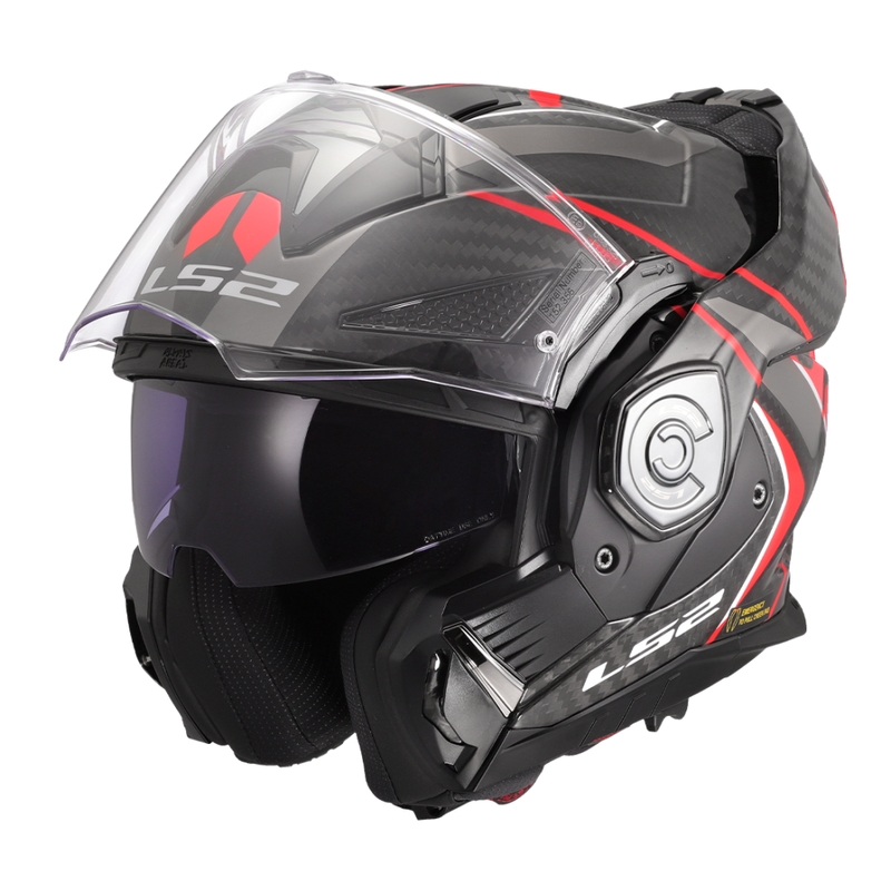 LS2 FF901 Advant X C Future II melnā un sarkanā krāsā saliekamā moto ķivere