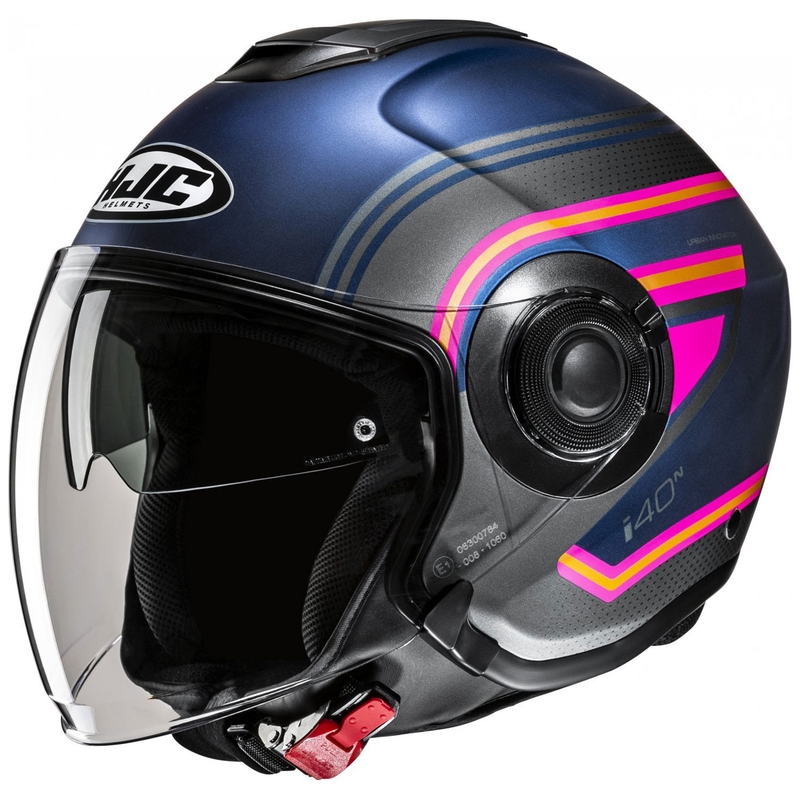 Atvērtā motociklu ķivere HJC i40N Linia MC28SF zilā-pelēkā-rozā krāsā