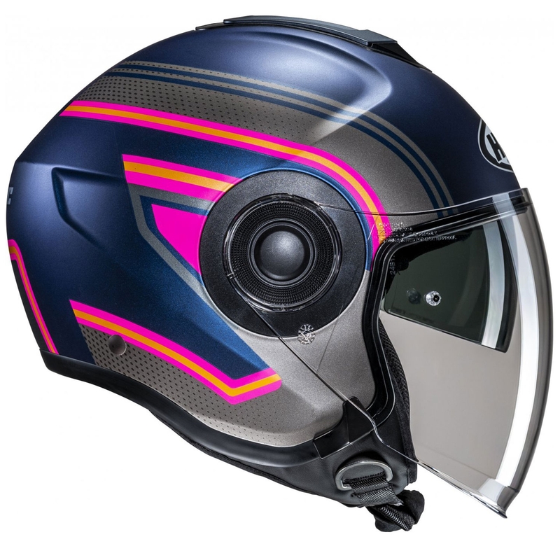 Atvērtā motociklu ķivere HJC i40N Linia MC28SF zilā-pelēkā-rozā krāsā