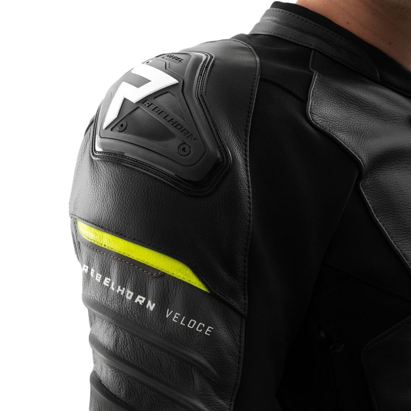 Rebelhorn Veloce melns-pelēks-fluo dzeltens ādas motocikla jaka